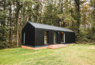 Cabaña de madera negra llamada Koya Tiny Cabin en el bosque de Wilsumer Berge, Alemania, con césped verde.