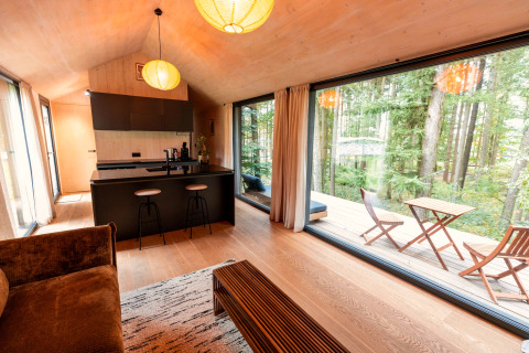 Moderne Koya Tiny Cabin bij Wilsumer Berge in Duitsland met groot raam en zicht op het bos vanaf het terras.