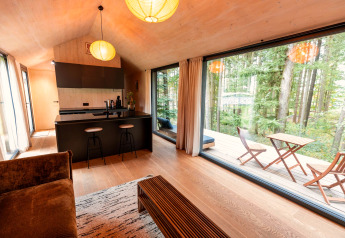 Cabane moderne Koya Tiny Cabin à Wilsumer Berge, Allemagne, avec baie vitrée et vue sur la forêt.