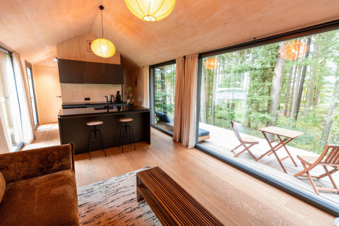 Moderne Koya Tiny Cabin bij Wilsumer Berge in Duitsland met groot raam en zicht op het bos vanaf het terras.