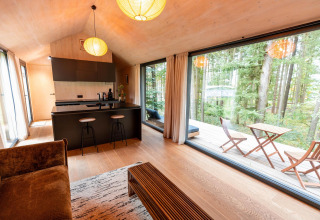 Moderne Koya Tiny Cabin bij Wilsumer Berge in Duitsland met groot raam en zicht op het bos vanaf het terras.