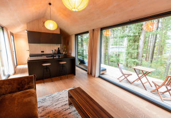 Moderne Koya Tiny Cabin in Wilsumer Berge, Deutschland mit Panoramafenster und Blick in den Wald.