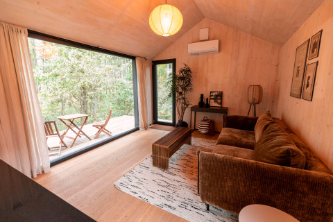 Moderne woonkamer in Koya Tiny Cabin met grote ramen, bruine zetel en boszicht in Wilsumer Berge, Duitsland.