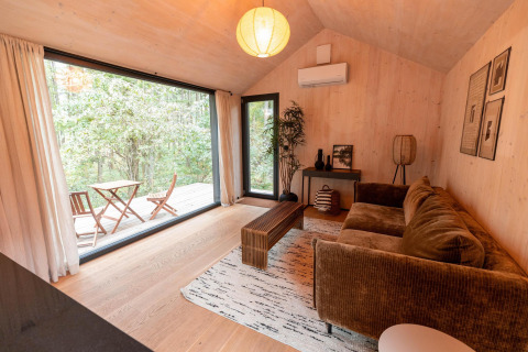 Sala moderna en Koya Tiny Cabin con ventanales grandes, sofá marrón y vista al bosque en Wilsumer Berge, Alemania.