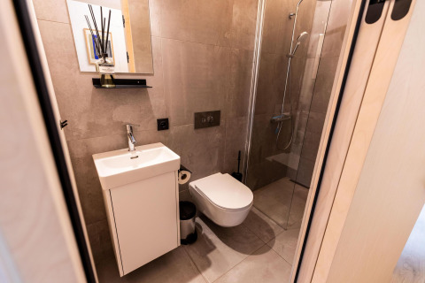 Moderne, compacte badkamer met douche en toilet in Koya Tiny Cabin, Wilsumer Berge, Duitsland.