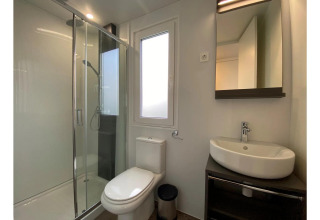 Baño moderno con ducha, inodoro y lavabo en la cabaña Cottage 4 en De Biesbosch, Países Bajos.