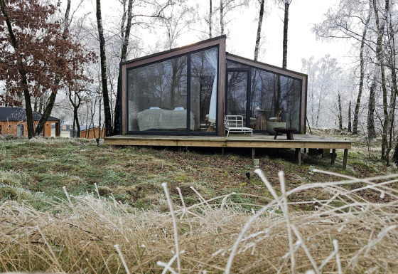 Moderne glasbeklædt hytte kaldet Cabin on the Hill ved Wilsumer Berge, omgivet af frostklædte træer.