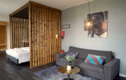 Lodge moderne avec cloison en bois, canapé gris, coussins colorés et tableau mural à Marina Strandbad, Pays-Bas.
