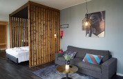 Modernes Lodge-Zimmer mit Holzgitter, grauem Sofa, farbigen Kissen und Wandbild in Marina Strandbad, Niederlande.
