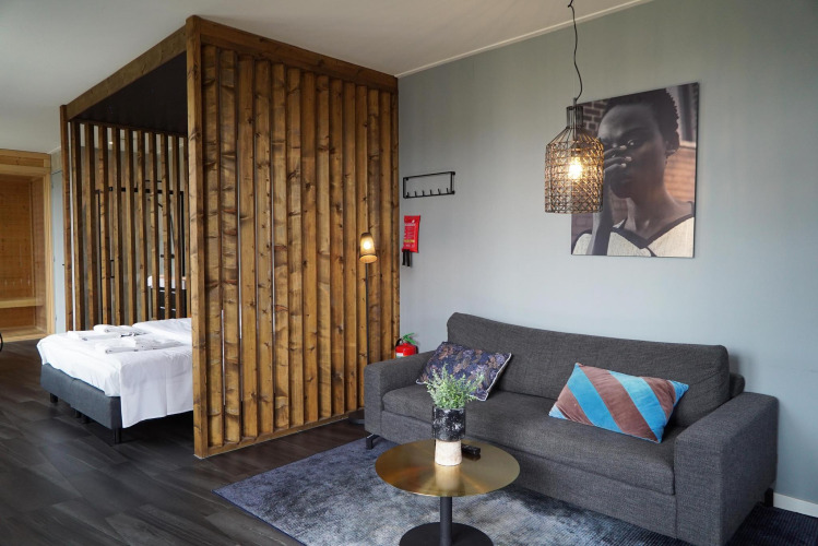 Modernes Lodge-Zimmer mit Holzgitter, grauem Sofa, farbigen Kissen und Wandbild in Marina Strandbad, Niederlande.