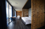 Modern lodge Mode Wellness 2 at Marina Strandbad in the Netherlands, featuring wood décor and free-standing tub.