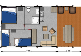 Plattegrond van safaritent bij Wilsumer Berge, Duitsland, met twee slaapkamers, badkamer en veranda.