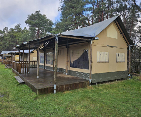 Tienda safari con terraza de madera en Wilsumer Berge, Alemania, rodeada de árboles y césped verde.