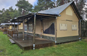 Tienda safari con terraza de madera en Wilsumer Berge, Alemania, rodeada de árboles y césped verde.