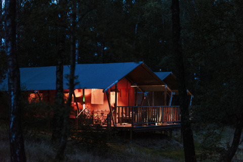 Tienda safari iluminada en el bosque de Wilsumer Berge, Alemania, fotografiada al anochecer.
