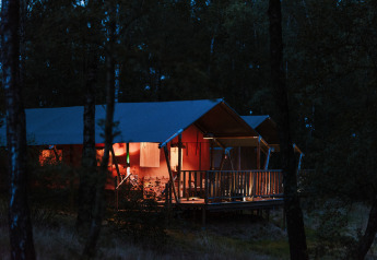 Tienda safari iluminada en el bosque de Wilsumer Berge, Alemania, fotografiada al anochecer.