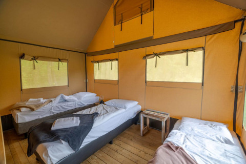Vista interna di una tenda safari a Wilsumer Berge, Germania, con tre letti e pavimento in legno.