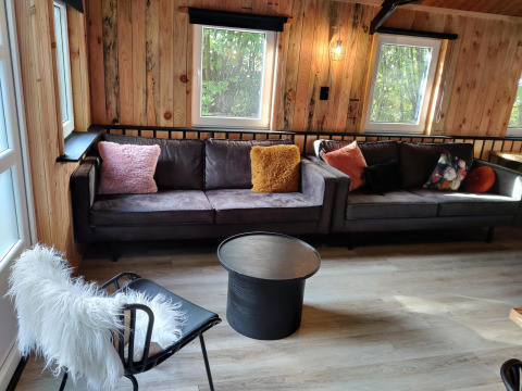 Hyggelig stue med trævægge, to grå sofaer, farverige puder og store vinduer i Groupaccommodation 'de Blokhut'.