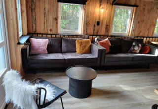 Sala acogedora con paredes de madera, dos sofás grises y cojines coloridos en Groupaccommodation 'de Blokhut'.