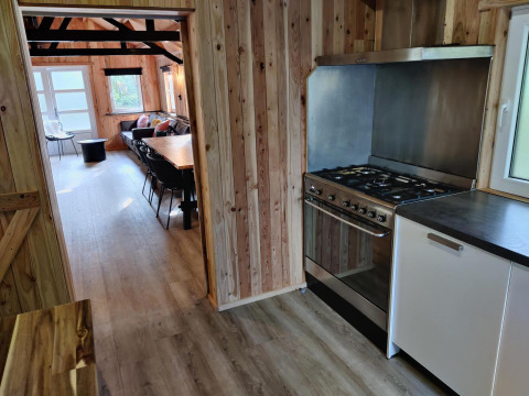 Cocina y sala de estar con paredes de madera y estufa moderna en el glamping Groupaccommodation 'de Blokhut'.
