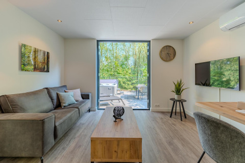 Moderne woonkamer in een Forest Cabin bij Holiday Park BreeBronne, Nederland, met uitzicht op terras en bos.