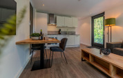 Helles Wohnzimmer und Küche in der Forest Cabin im Holiday Park BreeBronne in den Niederlanden, modern eingerichtet.