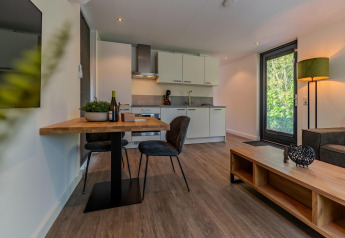 Moderne indretning af køkken og stue i Forest Cabin på Holiday Park BreeBronne i Holland med lyse farver.
