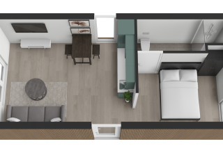 Bovenaanzicht van een moderne Forest Cabin in Holiday Park BreeBronne, Nederland, met woonkamer, slaapkamer en badkamer.