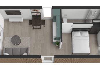 Top-down billede af en moderne Forest Cabin på Holiday Park BreeBronne i Holland med stue, soveværelse og bad.