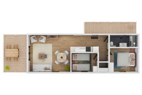 Plattegrond van lodge Water Cube met terras, woonkamer, eetgedeelte, keuken, tweepersoonskamer en badkamer.