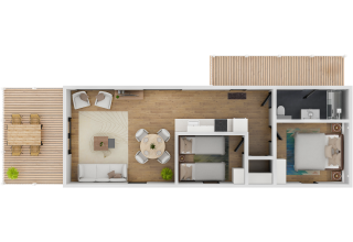 Plattegrond van lodge Water Cube met terras, woonkamer, eetgedeelte, keuken, tweepersoonskamer en badkamer.