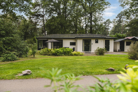 Et billede af Nature Lodge på Bospark Markelo i Holland, omgivet af grønne planter og træer.