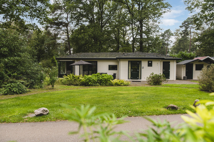 Photo du Nature Lodge à Bospark Markelo, aux Pays-Bas, entouré d’herbe et d’arbres verdoyants.