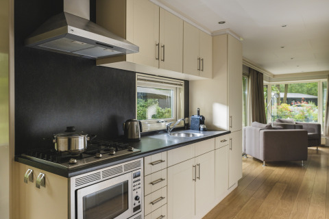 Cocina moderna y sala de estar en una Nature lodge en Bospark Markelo, Países Bajos, con vista al jardín.