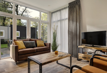 Cozy living room of a Tiny House at Bospark Markelo, Netherlands, large windows, sofa, and TV visible.