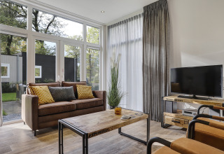 Cozy living room of a Tiny House at Bospark Markelo, Netherlands, large windows, sofa, and TV visible.
