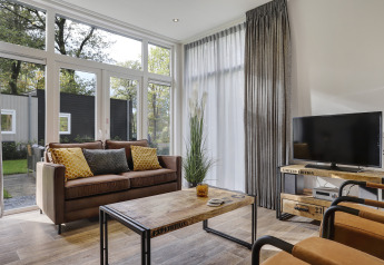 Modernes Wohnzimmer im Tiny House im Bospark Markelo, Niederlande, mit viel Licht, Sofa und TV.