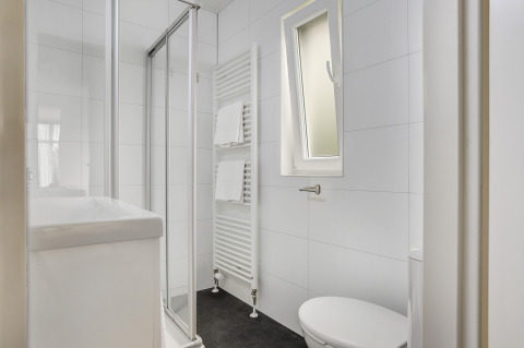 Modern, compact bathroom with shower, towel radiator, toilet, and window in Tiny House at Bospark Markelo.