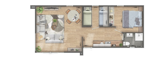 Plattegrond van een tiny house in Bospark Markelo, Nederland, met woonkamer, keuken, badkamer en twee slaapkamers.