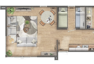 Plano de una tiny house en Bospark Markelo, Países Bajos, con sala, cocina, baño y dos dormitorios.