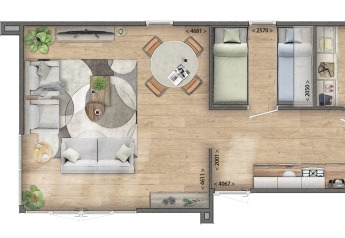 Grundriss eines Tiny Houses im Bospark Markelo, Niederlande, mit Wohnzimmer, Küche, Bad und zwei Schlafzimmern.