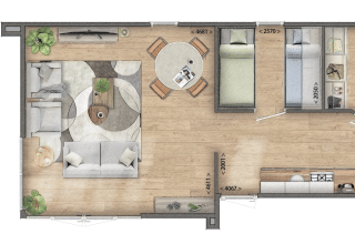 Plattegrond van een tiny house in Bospark Markelo, Nederland, met woonkamer, keuken, badkamer en twee slaapkamers.