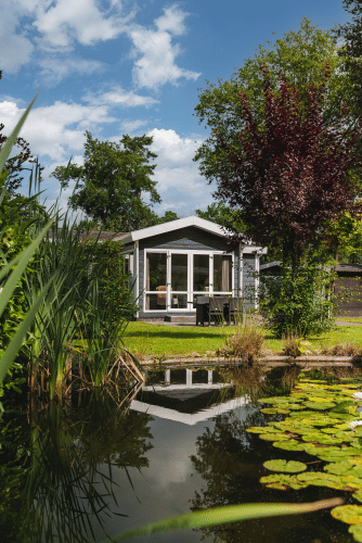 Pequeña casa Forest Lodge Wellness junto a un estanque rodeada de naturaleza en Bospark Markelo, Países Bajos.