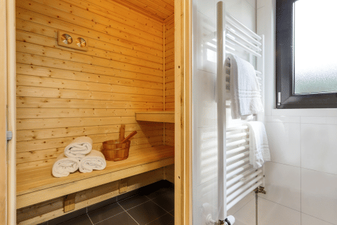 Moderne sauna en badkamer in Forest Lodge Wellness, Bospark Markelo, Nederland, houten interieur.