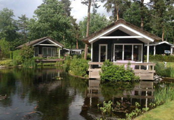 Twee tiny houses aan een vijver met groen bij Bospark Markelo in Nederland, omgeven door natuur.