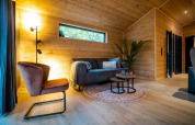 Sala de estar en Terrace Chalet, Bospark Markelo, Países Bajos, con paredes de madera y decoración moderna.