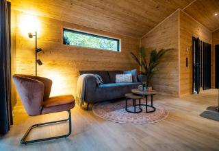 Sala de estar en Terrace Chalet, Bospark Markelo, Países Bajos, con paredes de madera y decoración moderna.