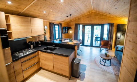 Interior moderno de madera en Terrace Chalet de Bospark Markelo, Países Bajos, con cocina y salón abiertos.