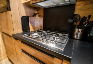 Cocina de gas moderna y encimera en cocina de madera en Terrace Chalet, Bospark Markelo, Países Bajos.