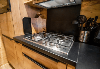 Modern gas stove and countertop in a wood-finish kitchen at Terrace Chalet, Bospark Markelo, Netherlands.